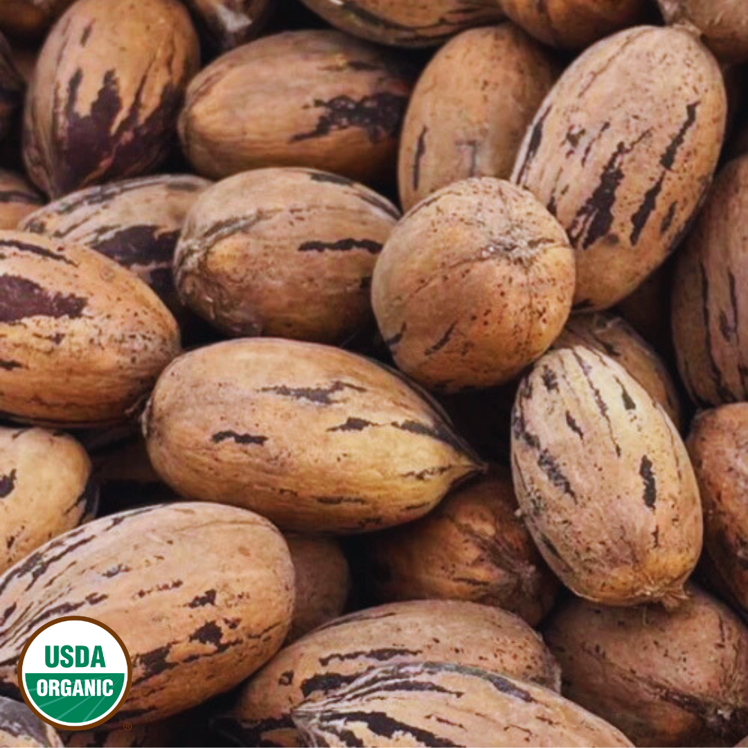 Close-up of pecans with a USDA Organic label