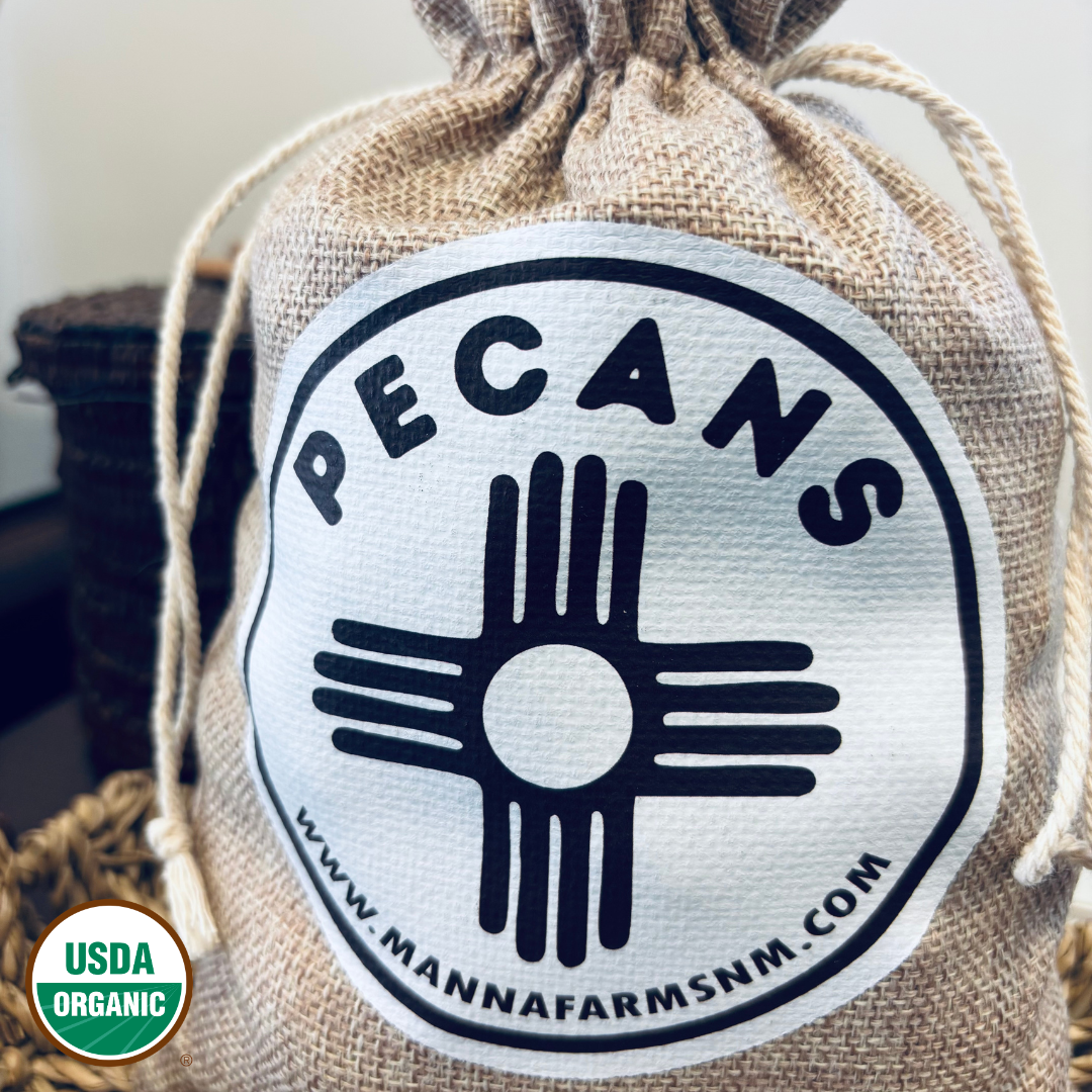 Burlap bag with a pecans label and USDA Organic logo.